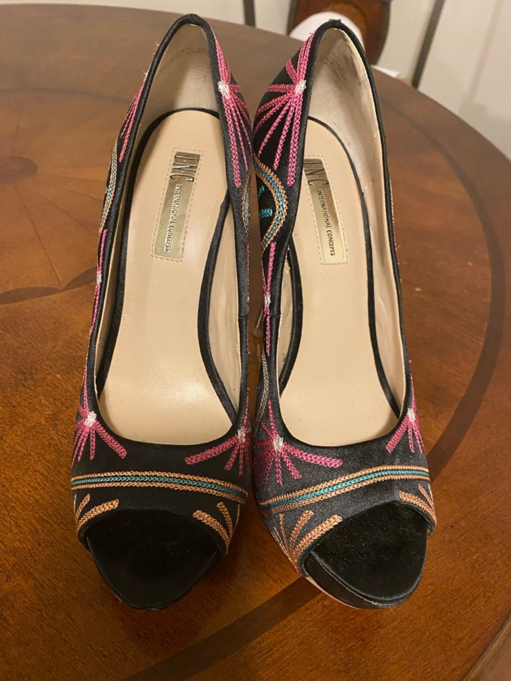 Inc International Embroidered Black Peep-Toe Heels with Pink & Teal Accents